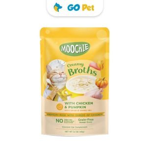 Moochie Cat Creamy Broths with Chicken & Pumpkin Pouch 40 Gr – Sopa Cremosa de Pollo y Calabaza