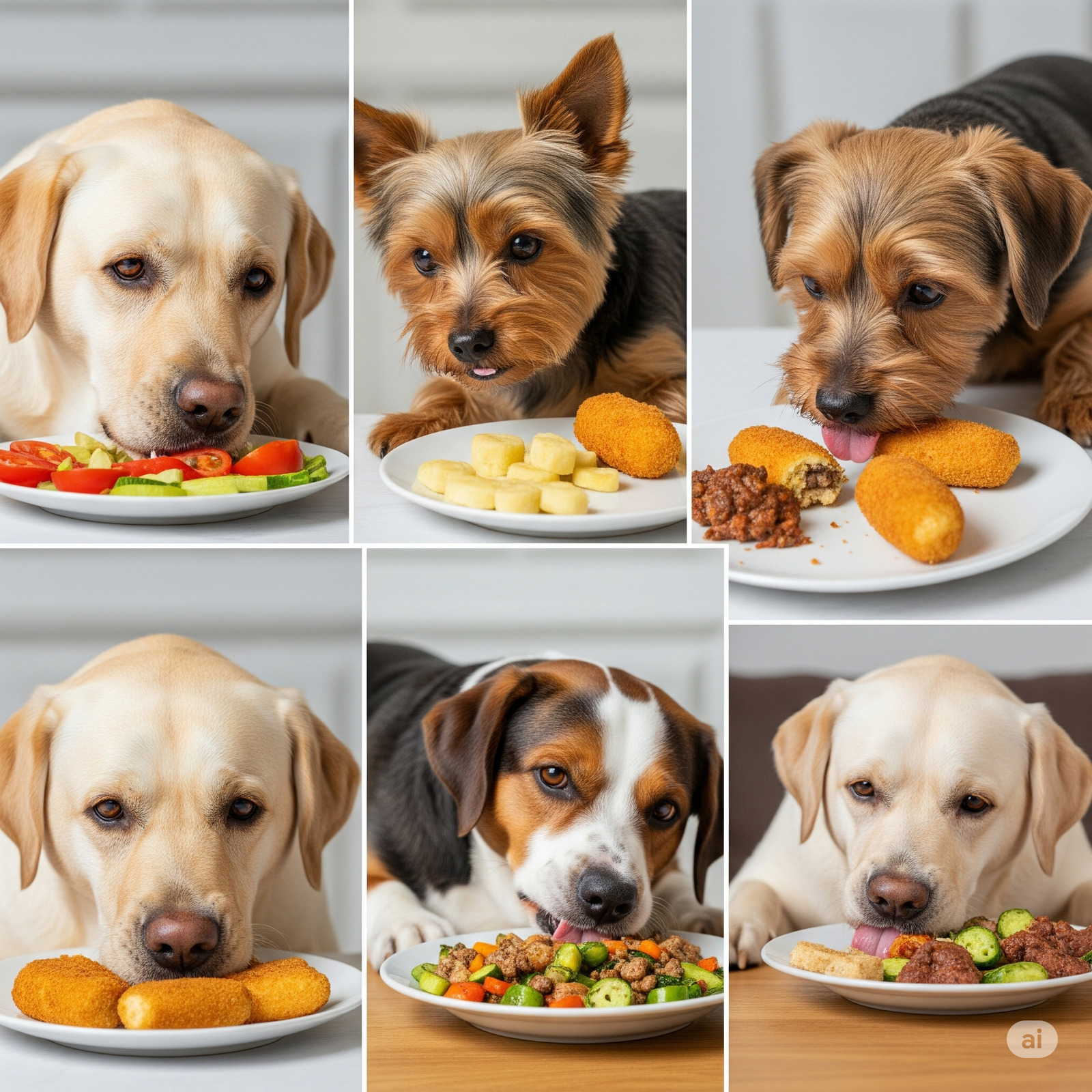 Perros de diferentes razas y edades disfrutando de su comida