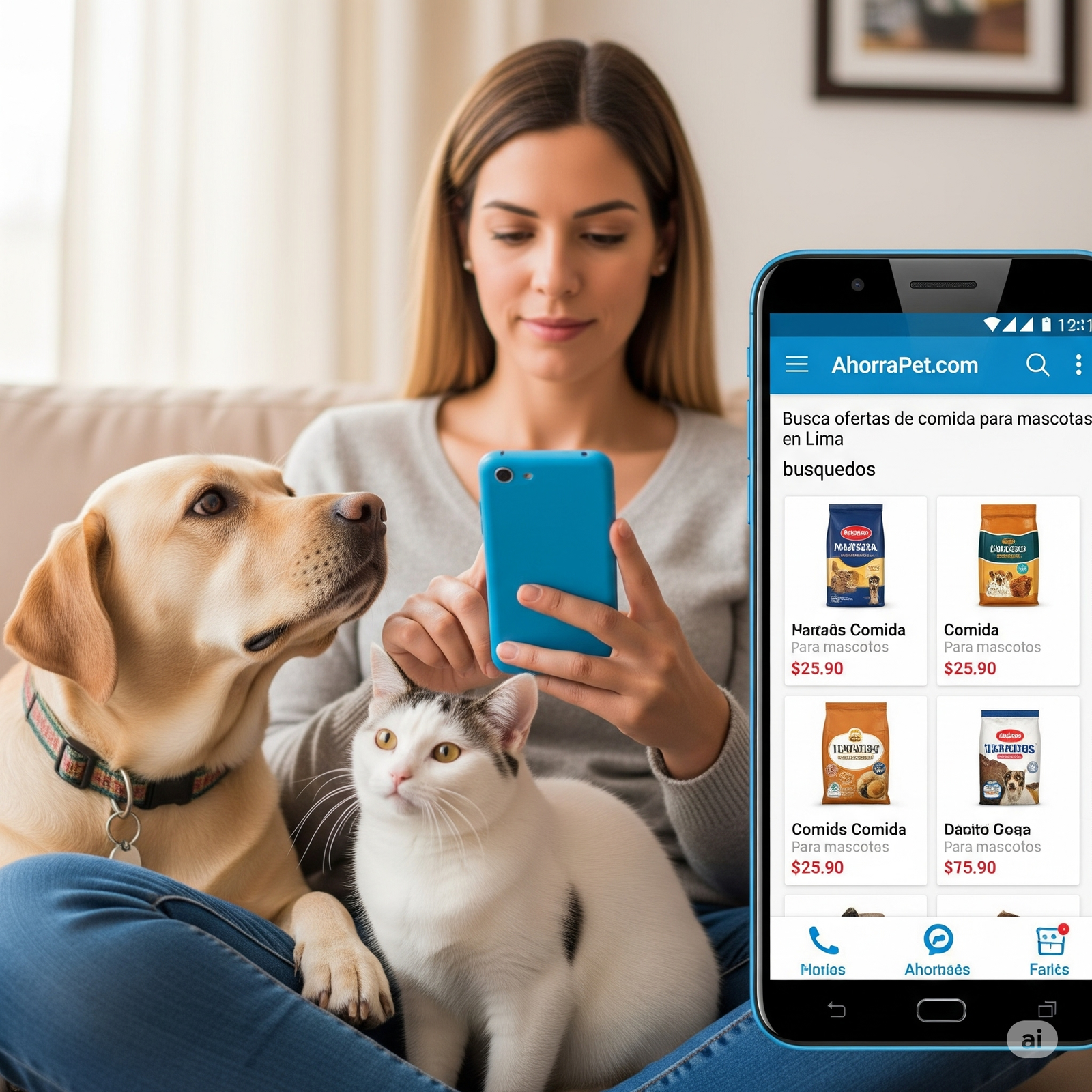 Descubre cómo ahorrar en alimento para mascotas en Lima con AhorraPet.com Persona usando ahorrapet.com en celular con perro y gato, buscando ahorro en alimento de mascotas Lima.