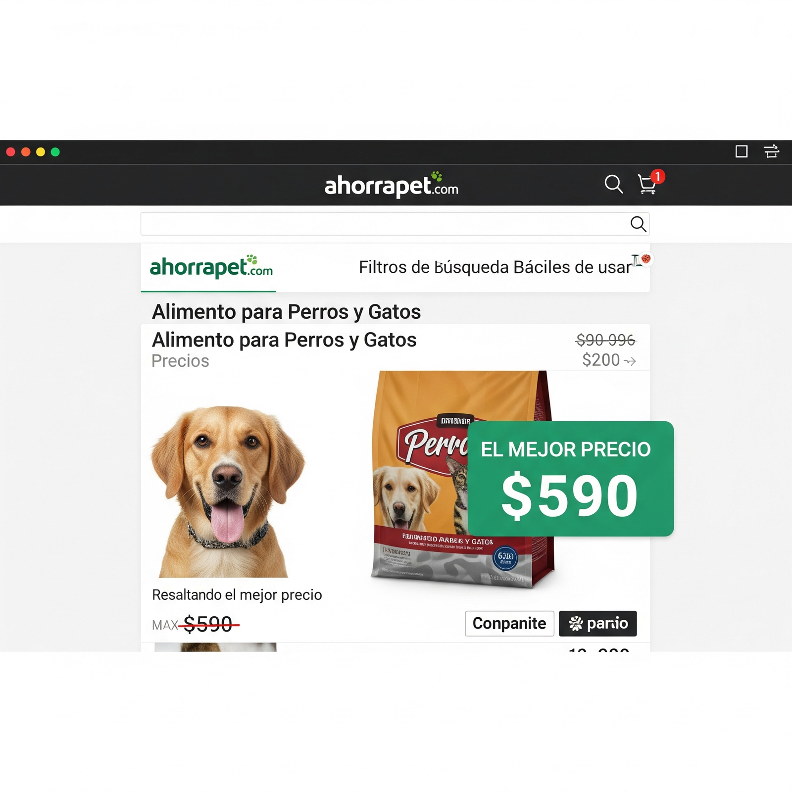 Captura de pantalla de ahorrapet.com con el mejor precio de alimento para perros y gatos.