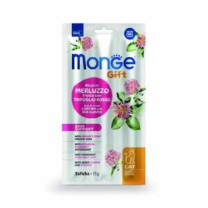 Monge Gift Soft Sticks Skin Support Cat 15 Gr – Pelaje Saludable – Bacalao con Trébol Rojo