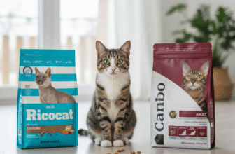 Comparativa visual de los alimentos para gatos Ricocat y Canbo, mostrando sus empaques y un gato feliz. Diferencias entre ambos.