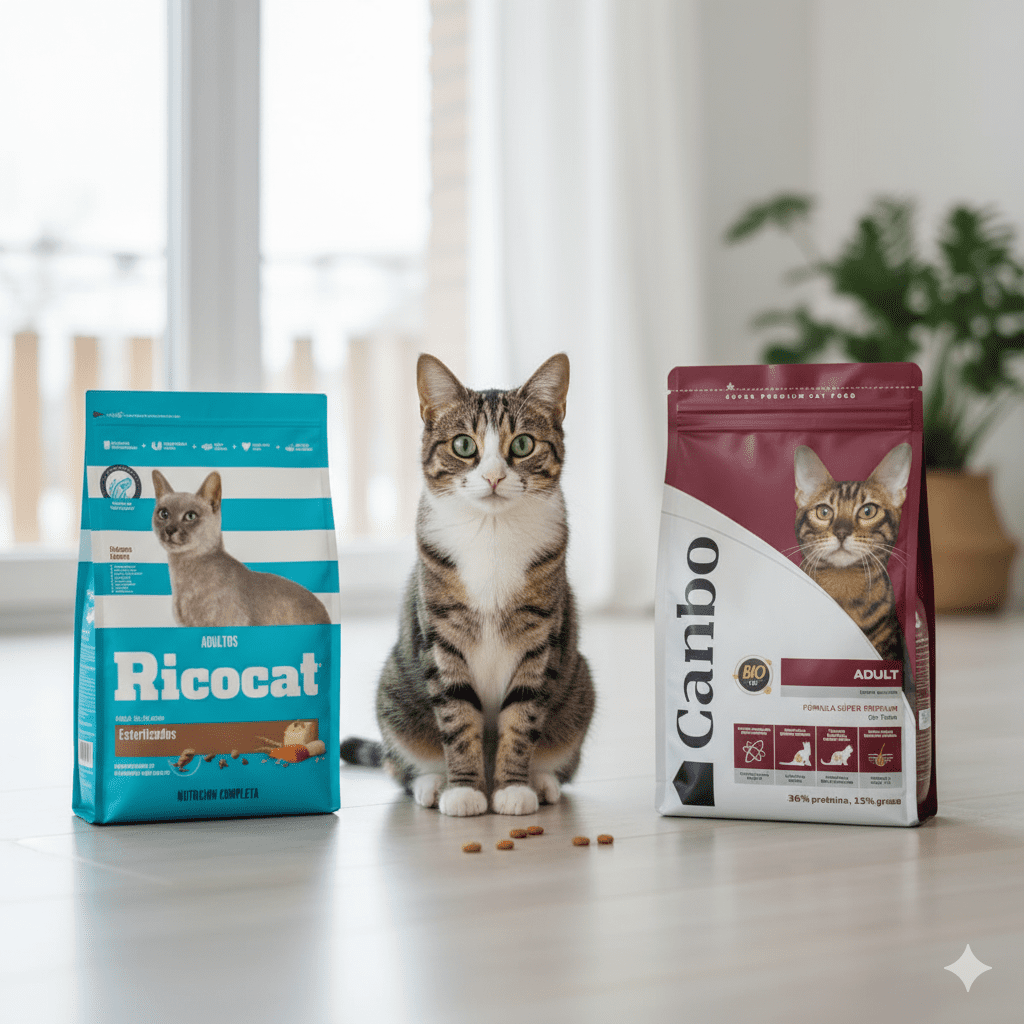 Comparativa visual de los alimentos para gatos Ricocat y Canbo, mostrando sus empaques y un gato feliz. Diferencias entre ambos.