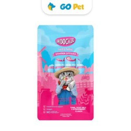 Moochie Tuna,  Goat Milk & Strawberry 15 Gr x 5 Und – Snack para Gato Sabor Atún,  Leche de Cabra y Fresa